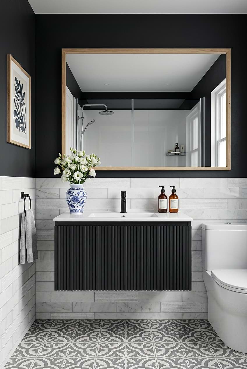 White Marble Subway Black Bathroom Walls BA8035
