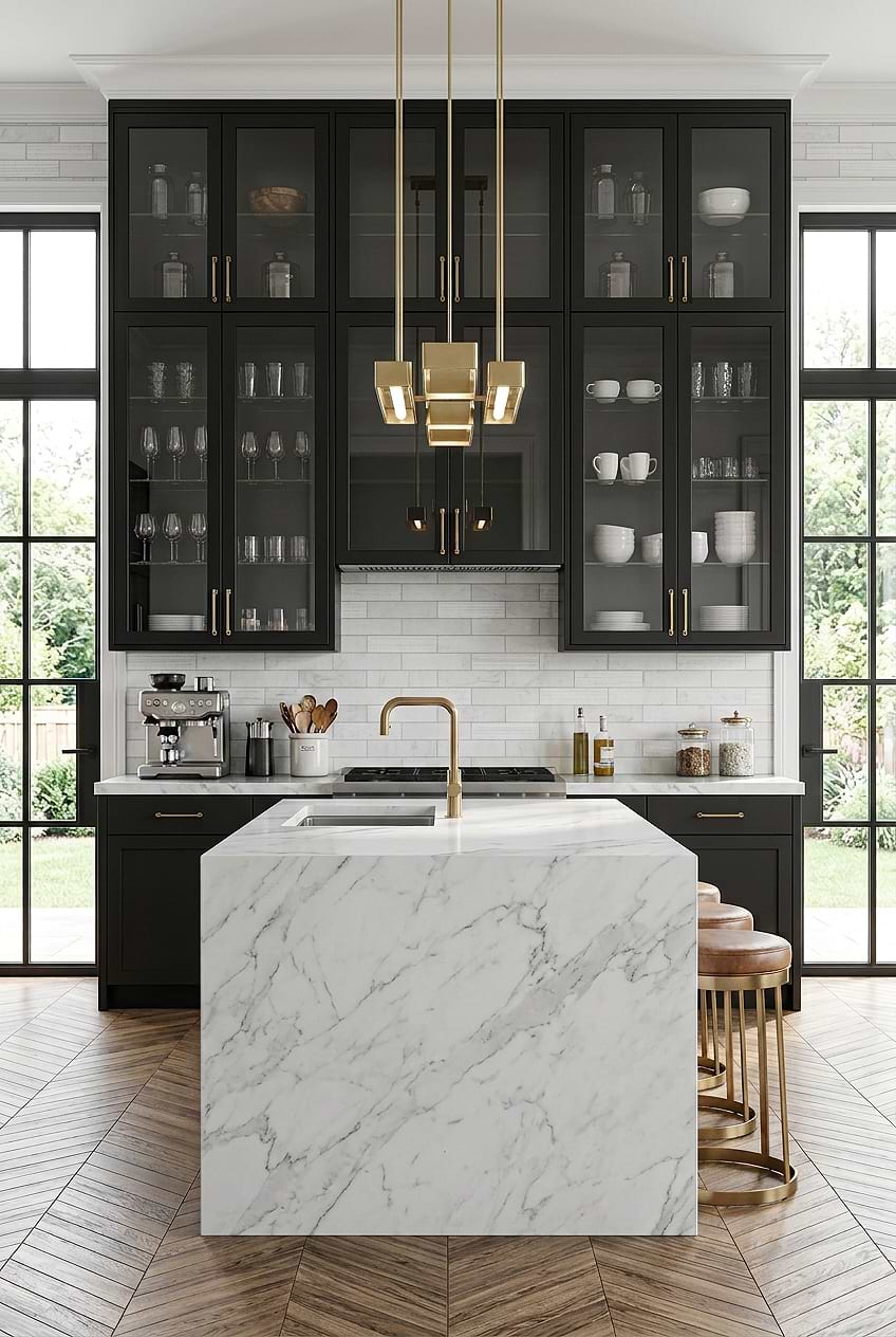 White Marble Subway Black Kitchen Backsplash BA8035