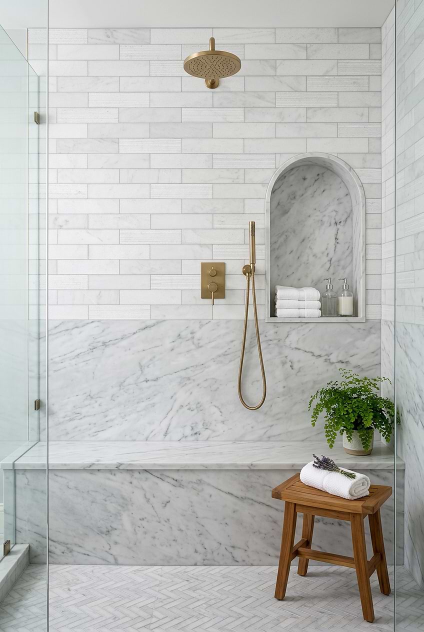 White Marble Subway Elegant Shower Wall with Arched Niche BA8035 White Marble Subway Elegant Shower Wall with Arched Niche BA8035