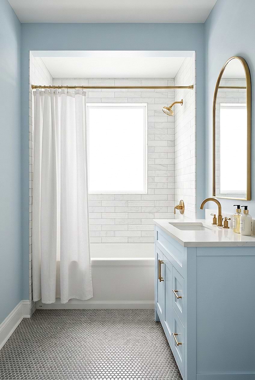 White Marble Subway Shower Tile Blue BA8035
