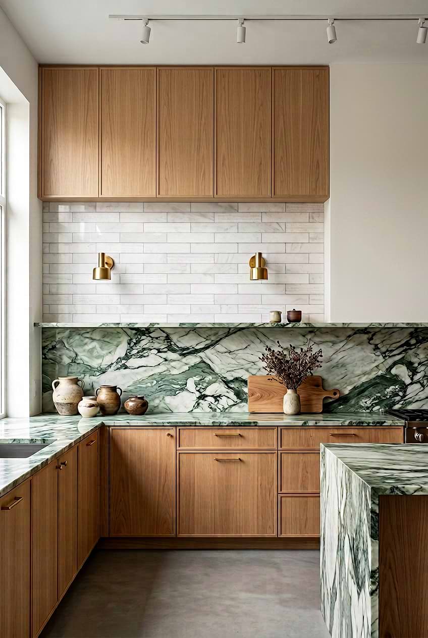 White Marble Subway for Wood Kitchen BA8035