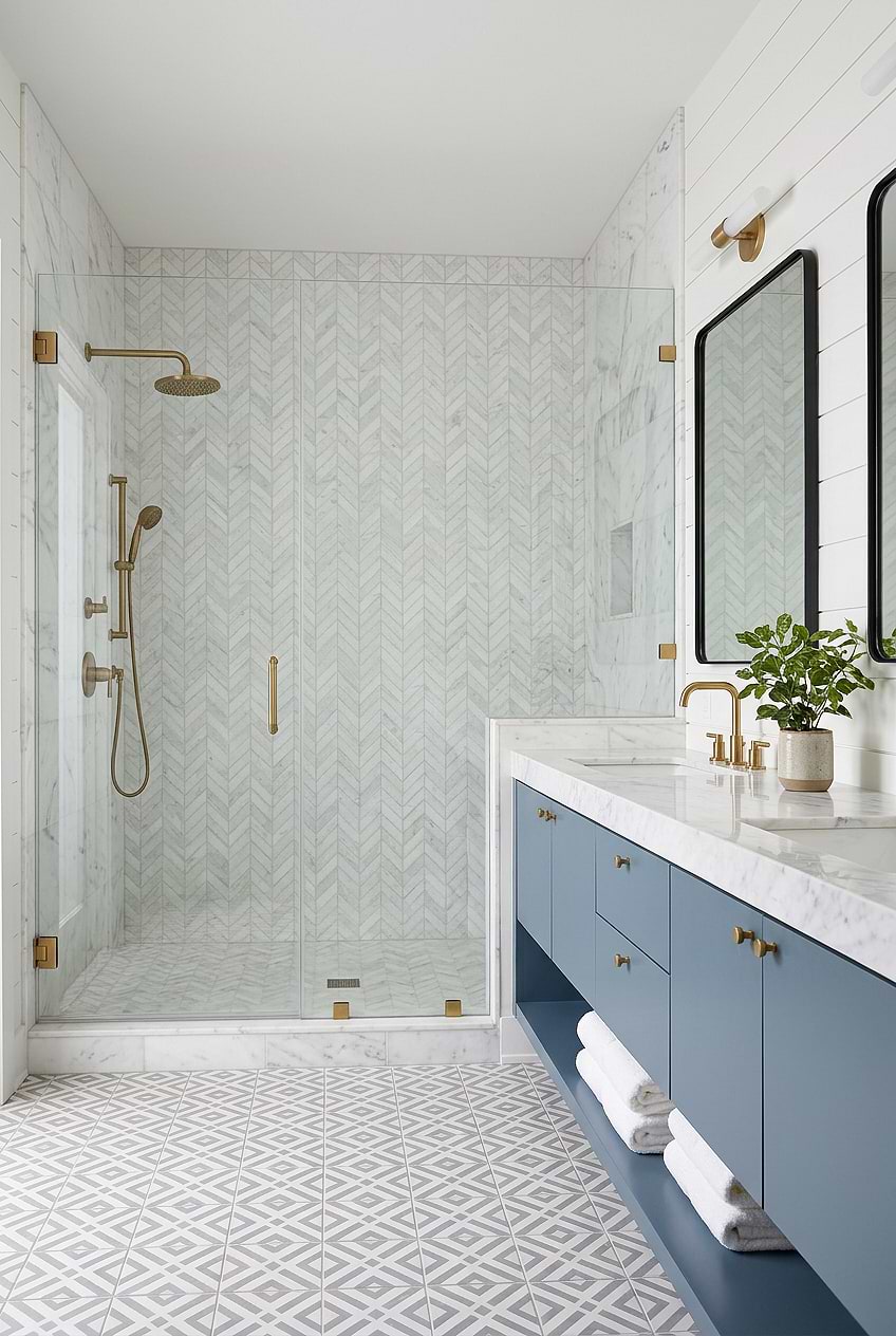 White Marble Textured Chevron Shower Tile BA631613