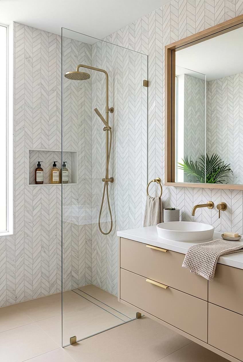 White Marble Textured Chevron Shower Tile BA631613