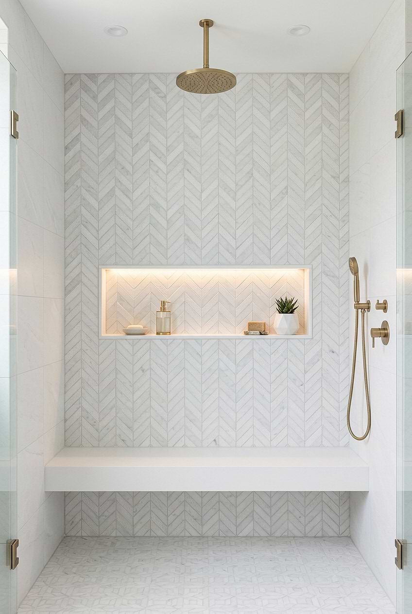 White Marble Textured Chevron Shower Wall BA631613 White Marble Textured Chevron Shower Wall BA631613