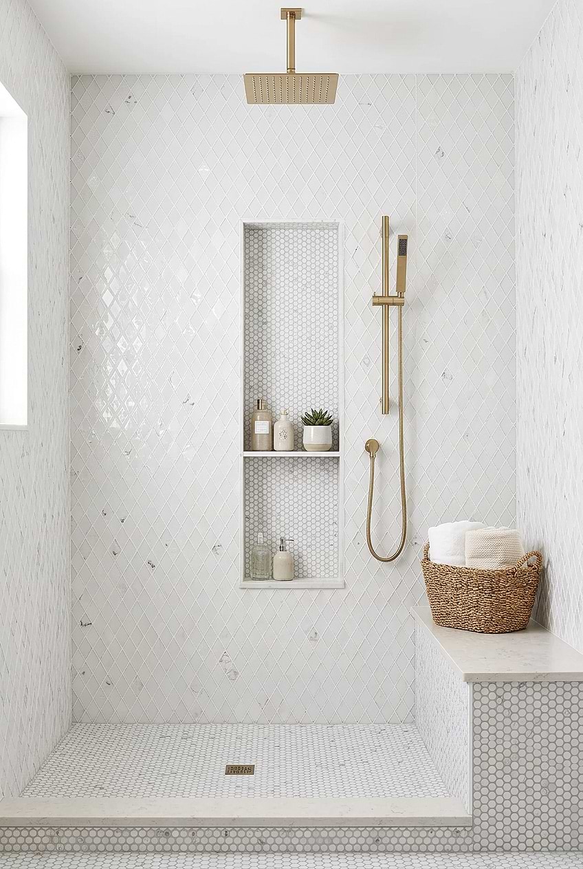 White Rhomboid Glass Mosaic Shower Tile BA5502