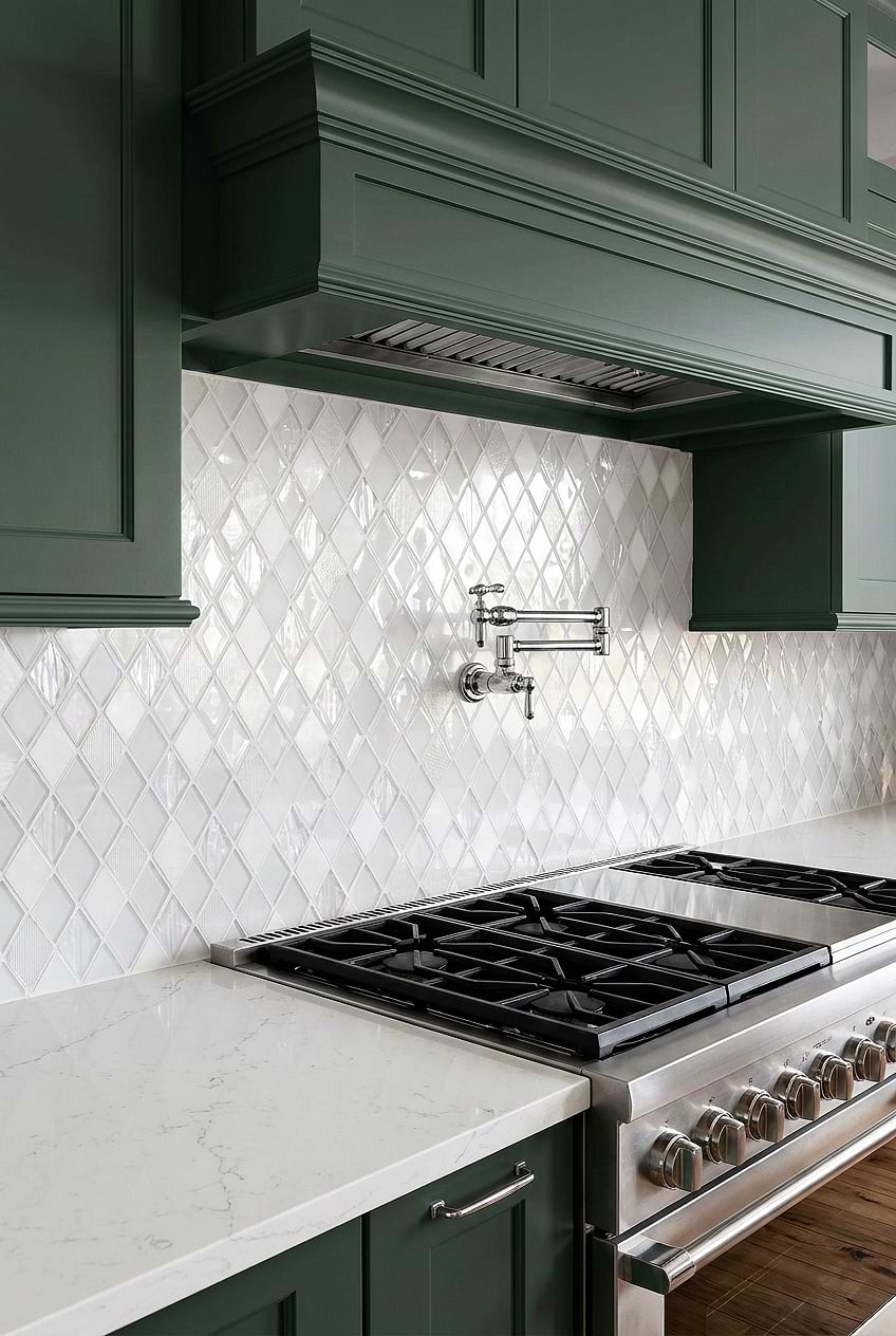 White Rhomboid Glass with Green Cabinets BA62046