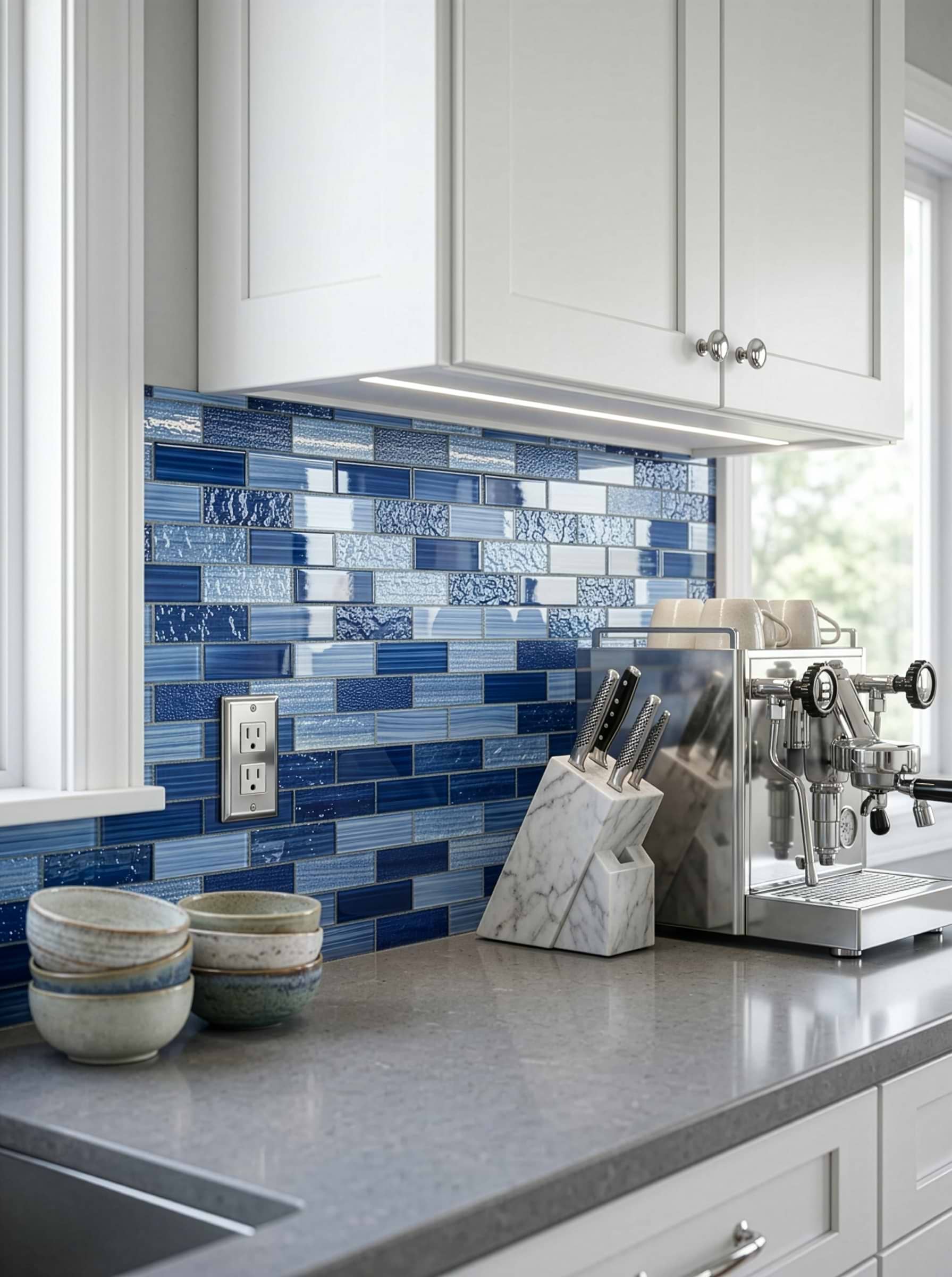 White Shaker Cabinets Gray Speckled Quartz Countertops with Blue Glass Subway Tile BA5530
