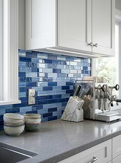 White Shaker Cabinets Gray Speckled Quartz Countertops with Blue Glass Subway Tile BA5530