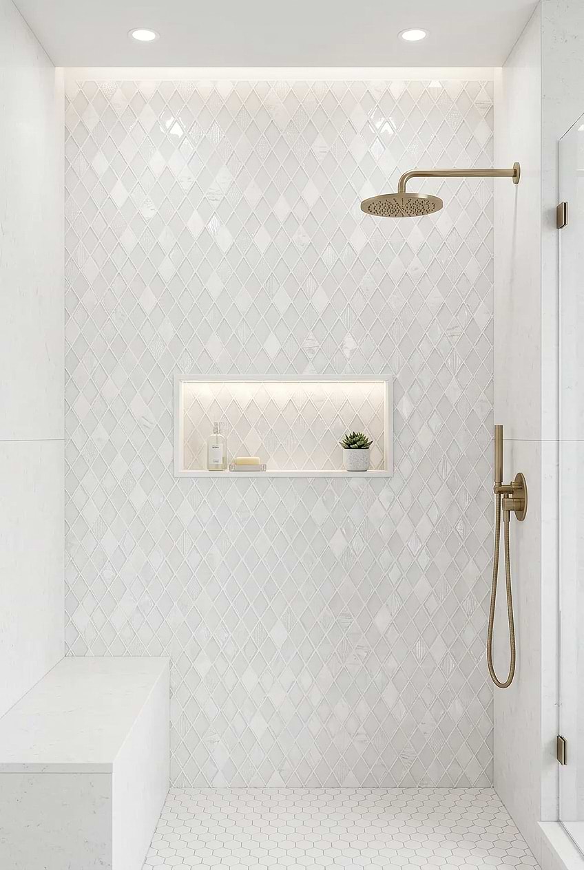 White Shell Glass Rhomboid Shower Wall BA62046 White Shell Glass Rhomboid Shower Wall BA62046