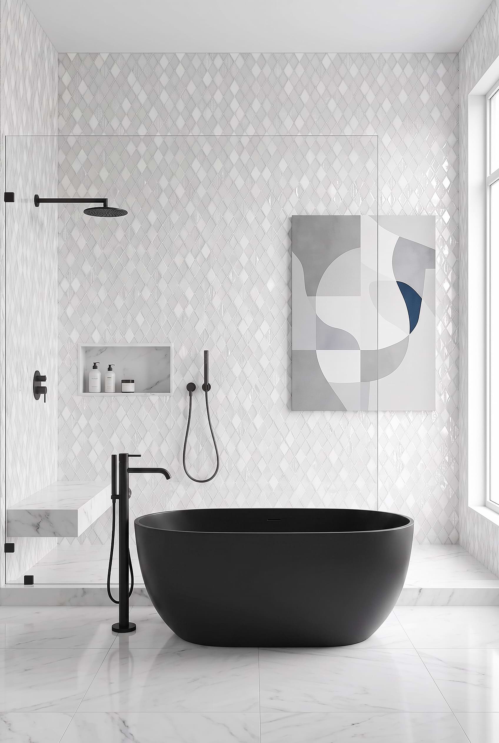 White Shell Rhomboid Mosaic Shower Wall BA62046