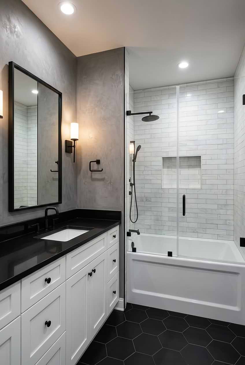 White Subway Tile Bathroom Hexagon Floor BA8035 White Subway Tile Bathroom Hexagon Floor BA8035