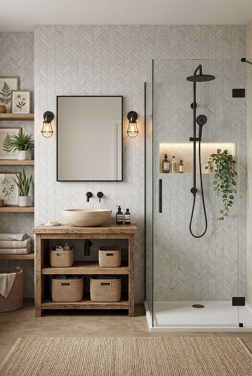 White Textured Marble Chevron Shower BA631613