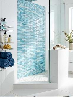 White and Blue Bathroom Contemporary Style with Ocean Wave Blue Glass Subway Tile BA5563