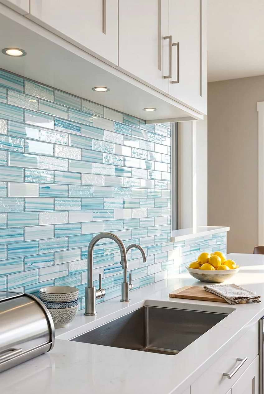 Aqua Blue Glass Subway Backsplash BA5563