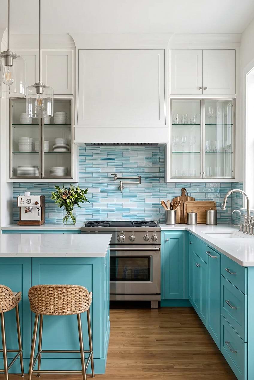 Aqua Glass Subway Backsplash Turquoise Cabinets BA5563