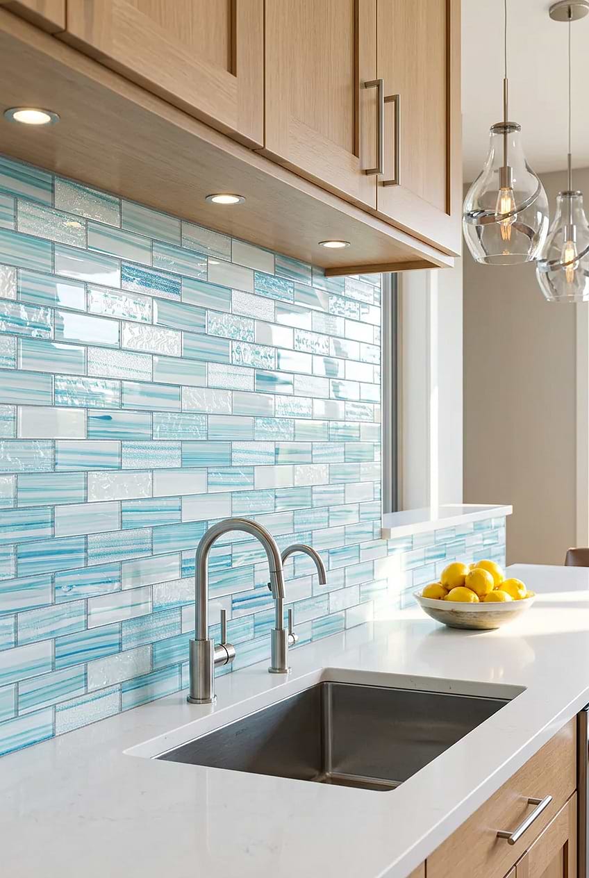 Aqua Glass Subway Kitchen Backsplash BA5563