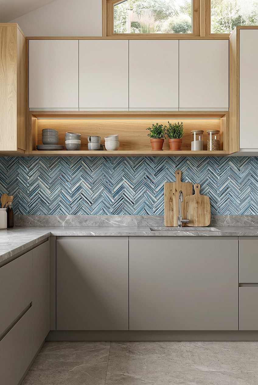 Arctic Blue Glass Herringbone Backsplash Tile BA5525