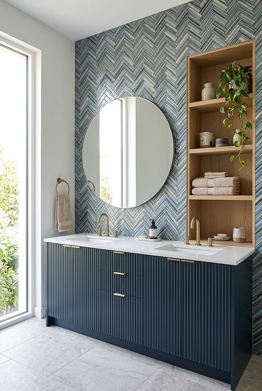 Arctic Blue Glass Herringbone Backsplash for Bathroom BA5525