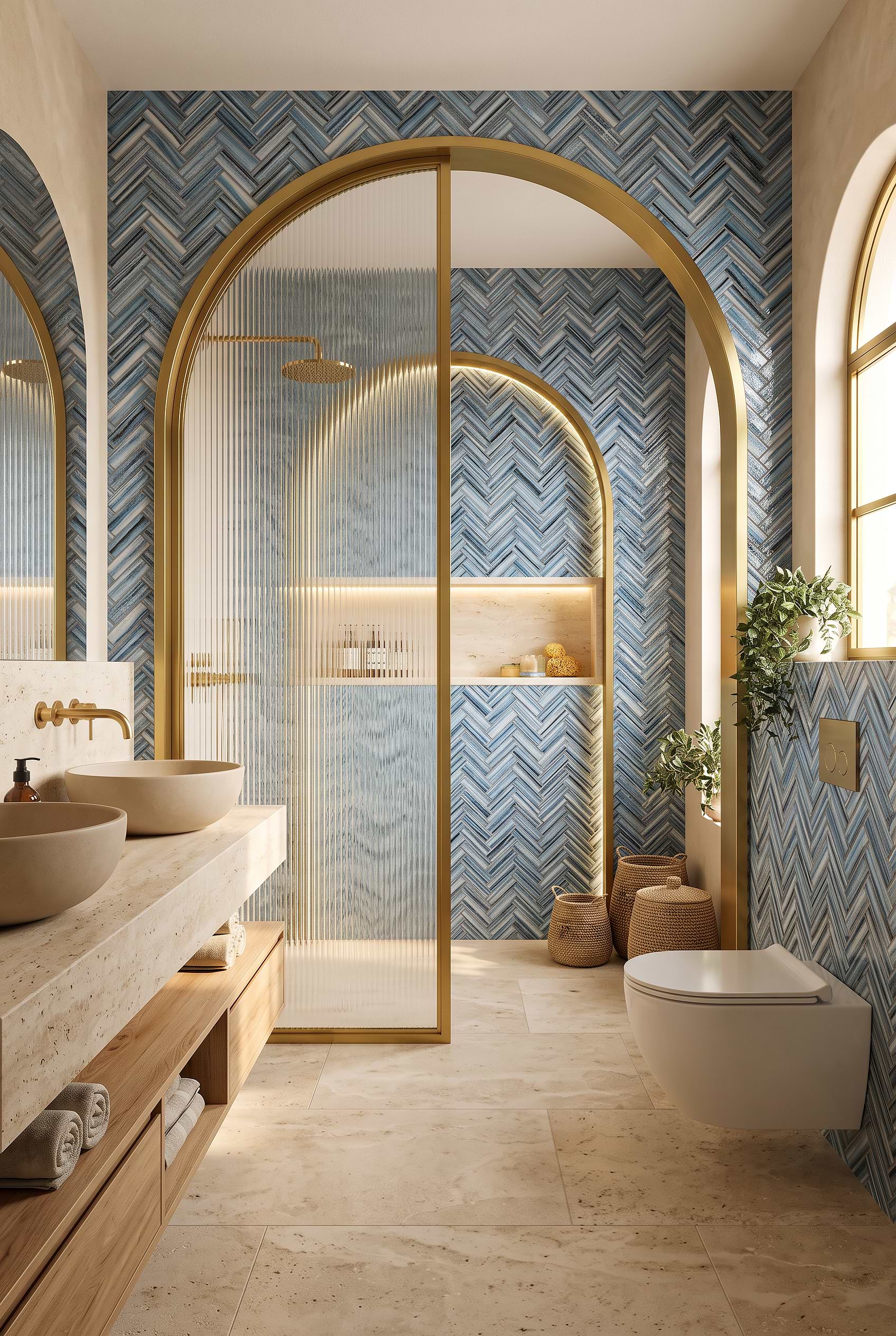 Arctic Blue Glass Herringbone Bathroom Tile BA5525