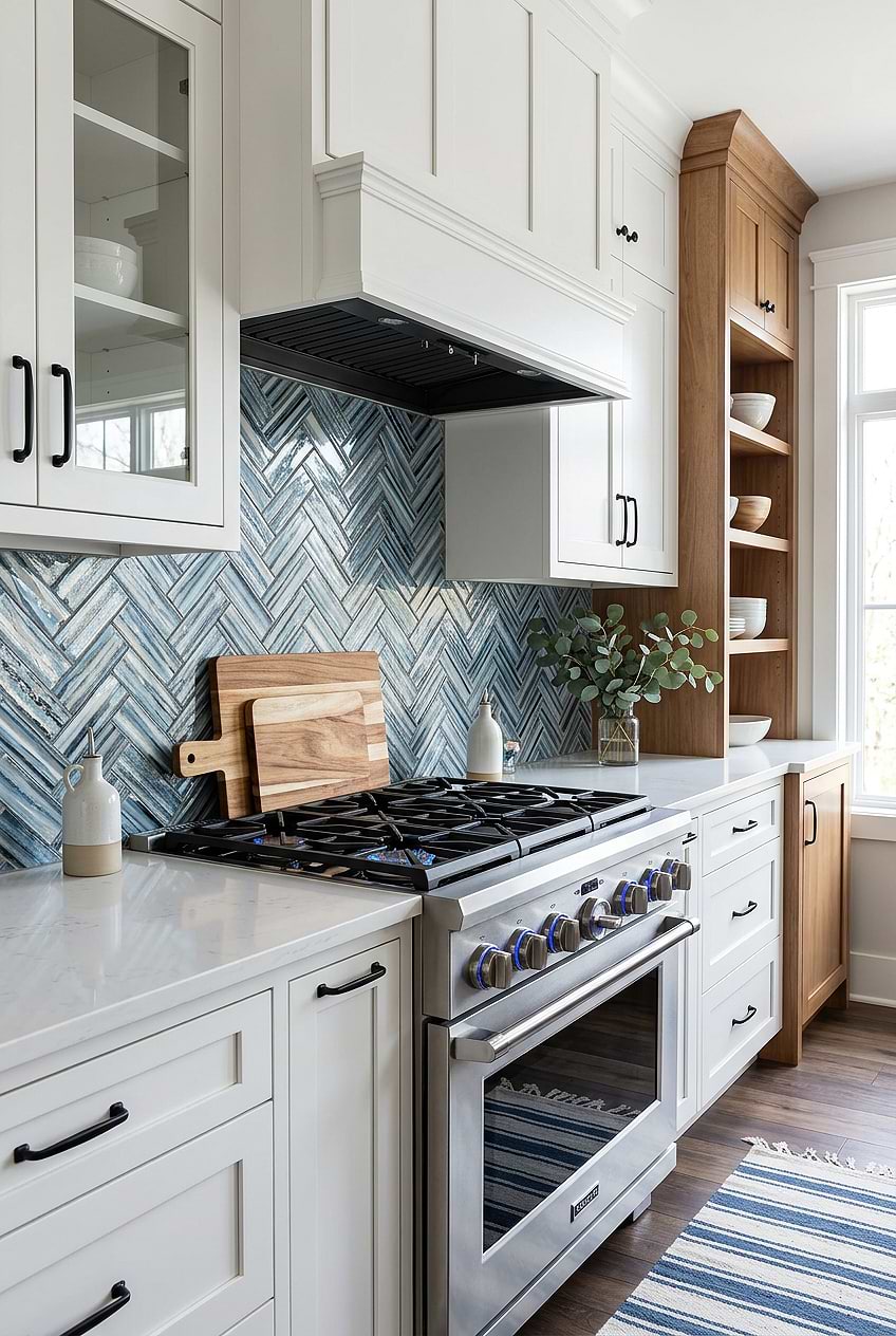 Arctic Blue Glass Herringbone Kitchen BA5525