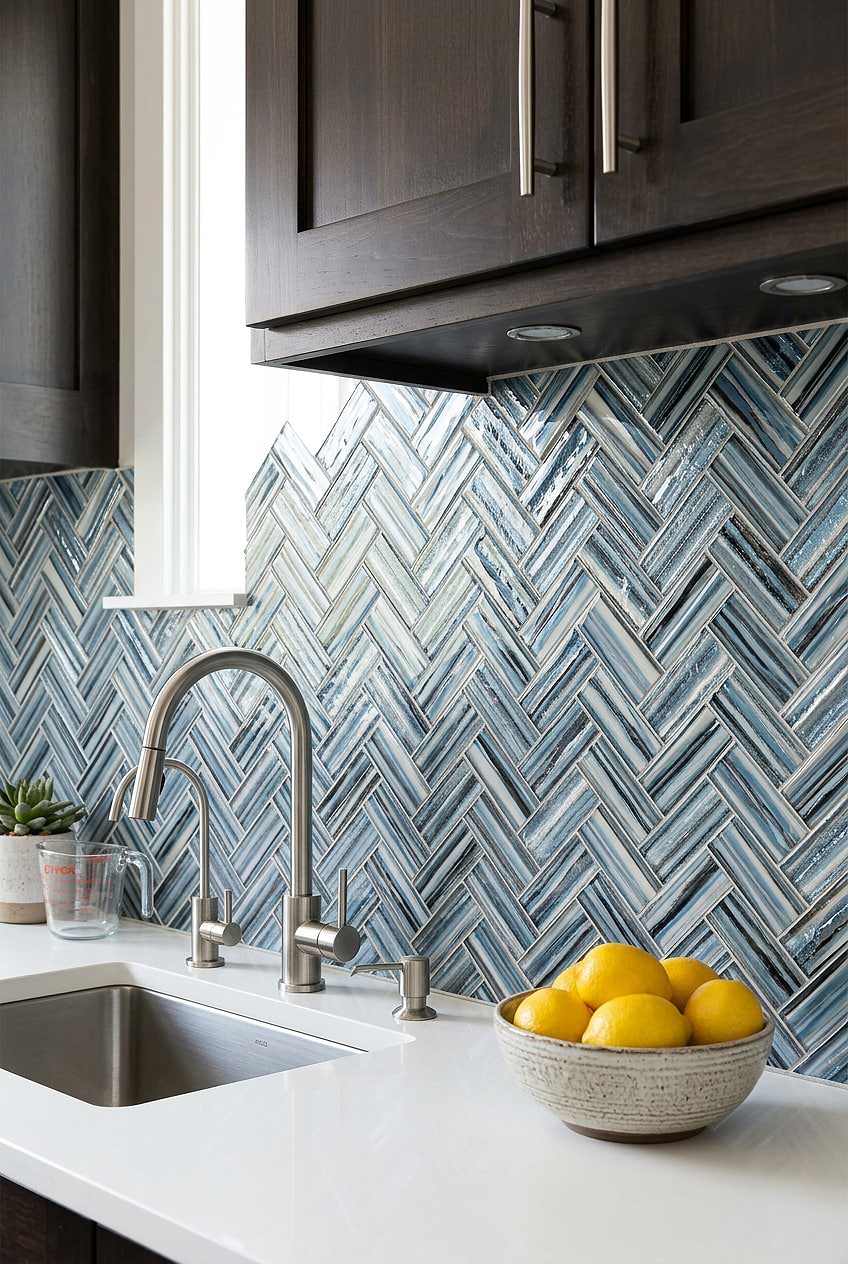 Arctic Blue Glass Herringbone Kitchen Backsplash BA5525