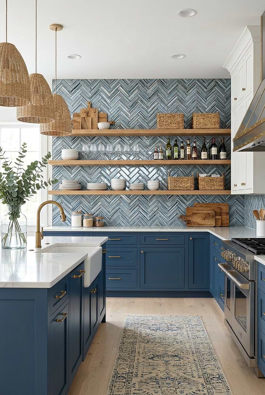 Arctic Blue Glass Herringbone Kitchen Backsplash BA5525