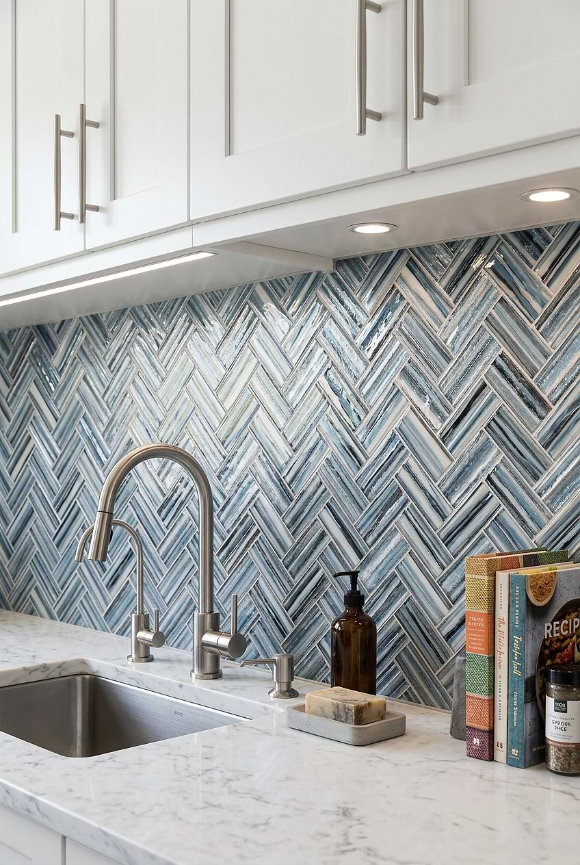 Arctic Blue Glass Herringbone Kitchen Backsplash BA5525