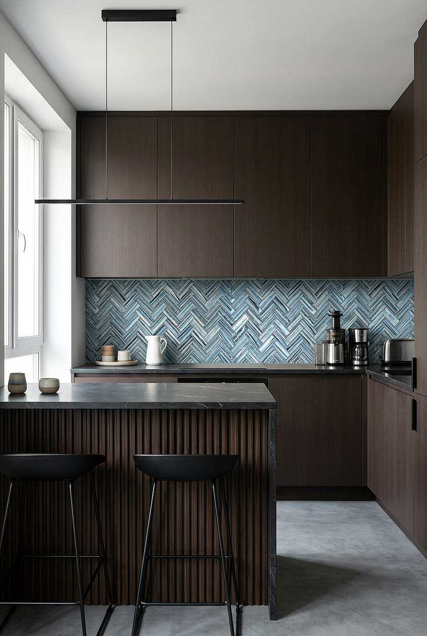Arctic Blue Glass Herringbone Kitchen Backsplash BA5525