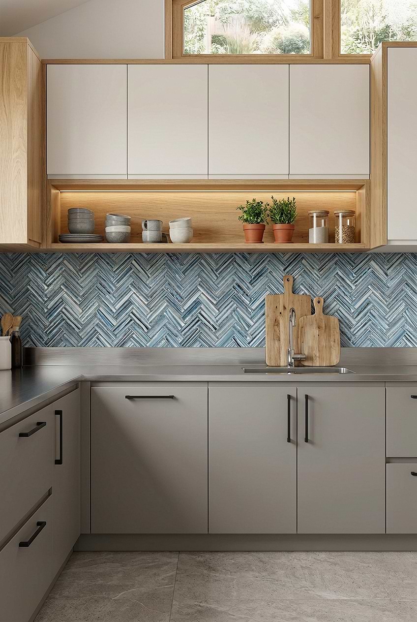 Arctic Blue Glass Herringbone Kitchen Tile BA5525