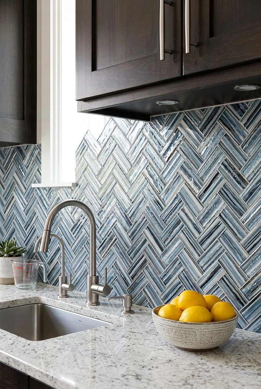 Arctic Blue Glass Herringbone Kitchen Tile BA5525 Arctic Blue Glass Herringbone Kitchen Tile BA5525