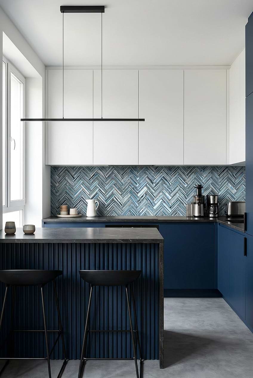Arctic Blue Glass Herringbone Kitchen Tile BA5525