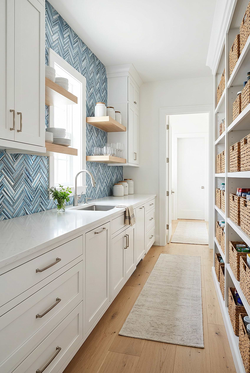 Arctic Blue Glass Herringbone Pantry Tile BA5525