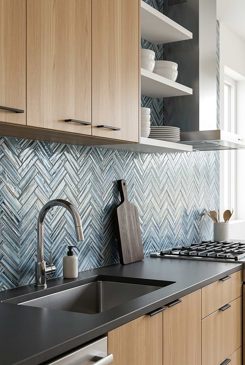 Arctic Blue Glass Herringbone Tile Black Countertops BA5525