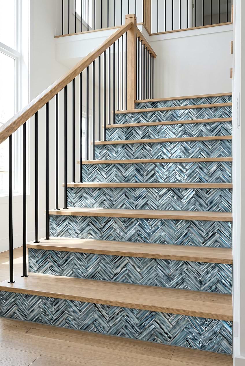 Arctic Blue Herringbone Tile Stair Risers BA5525