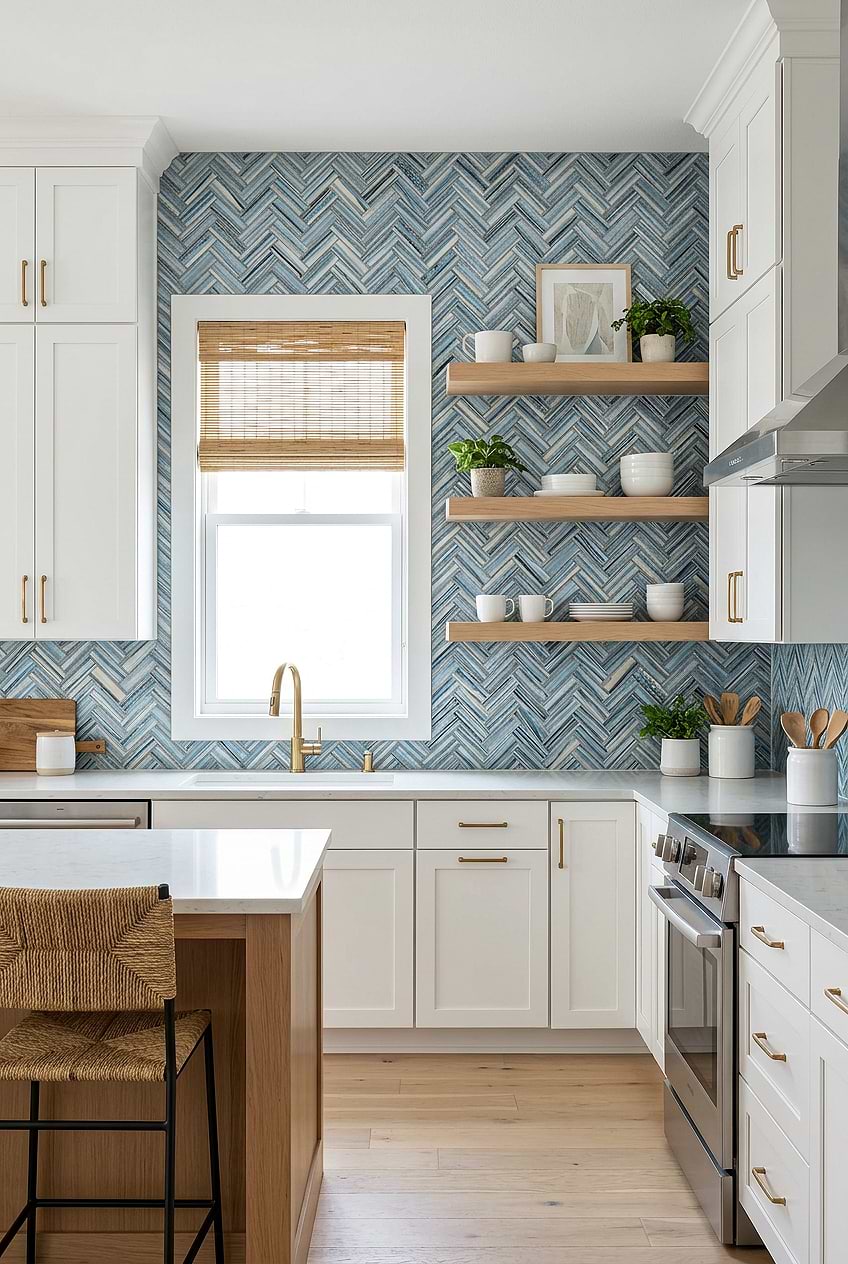 Arctic Blue Herringbone Tile for White Cabinets BA5525