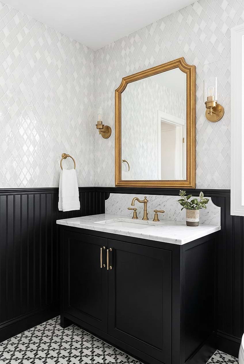 Bathroom Vanity Ideas with White Glass Rhomboid Tile BA62046