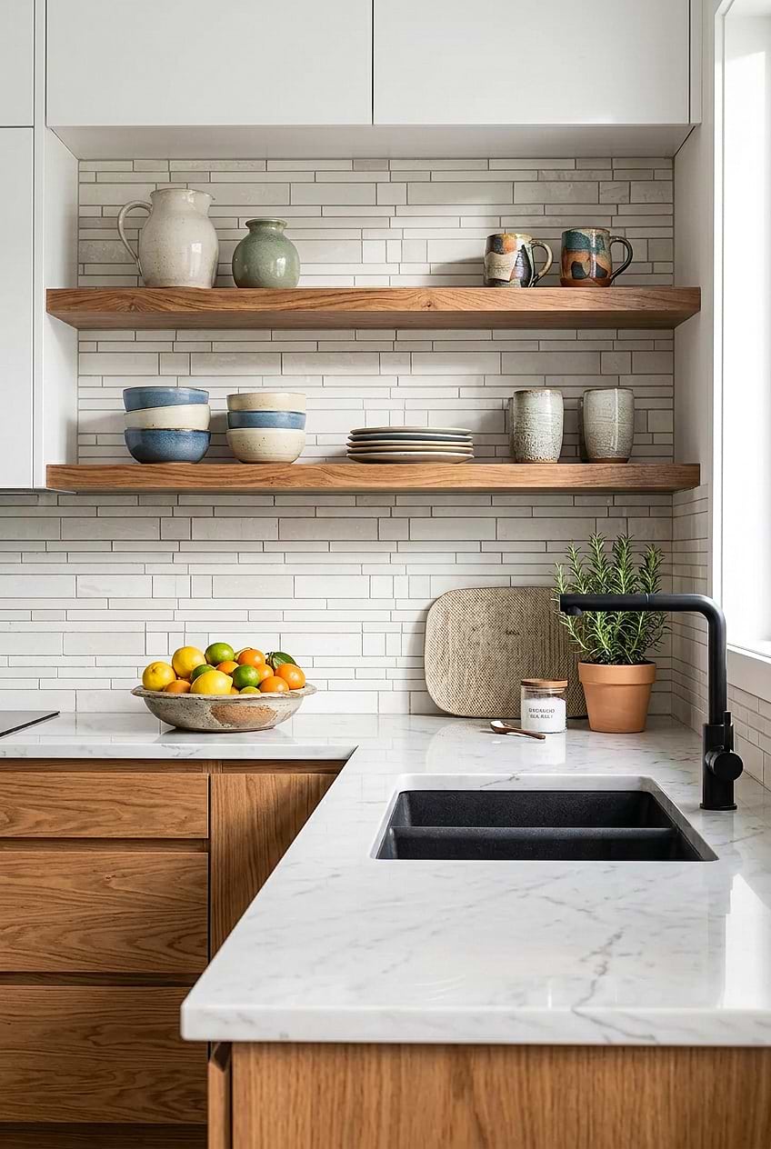 Beige Marble Backsplash Wood Cabinets BA1095