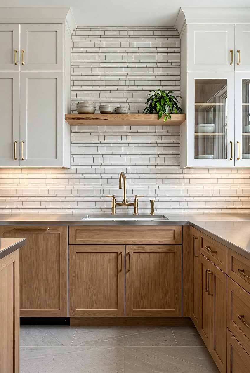 Beige Marble Backsplash with Wood Cabinets BA1095