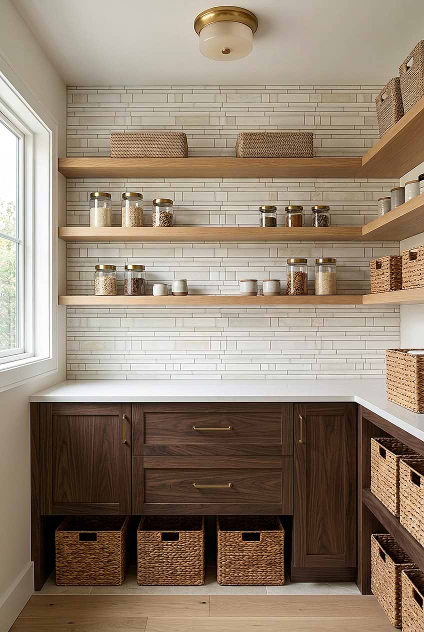Beige Marble Pantry Backsplash Walnut Cabinets BA1095