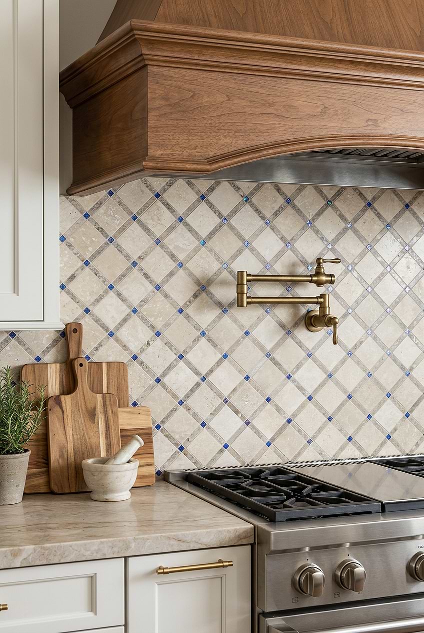 Beige Travertine Blue Glass Diamond Tile BA1029