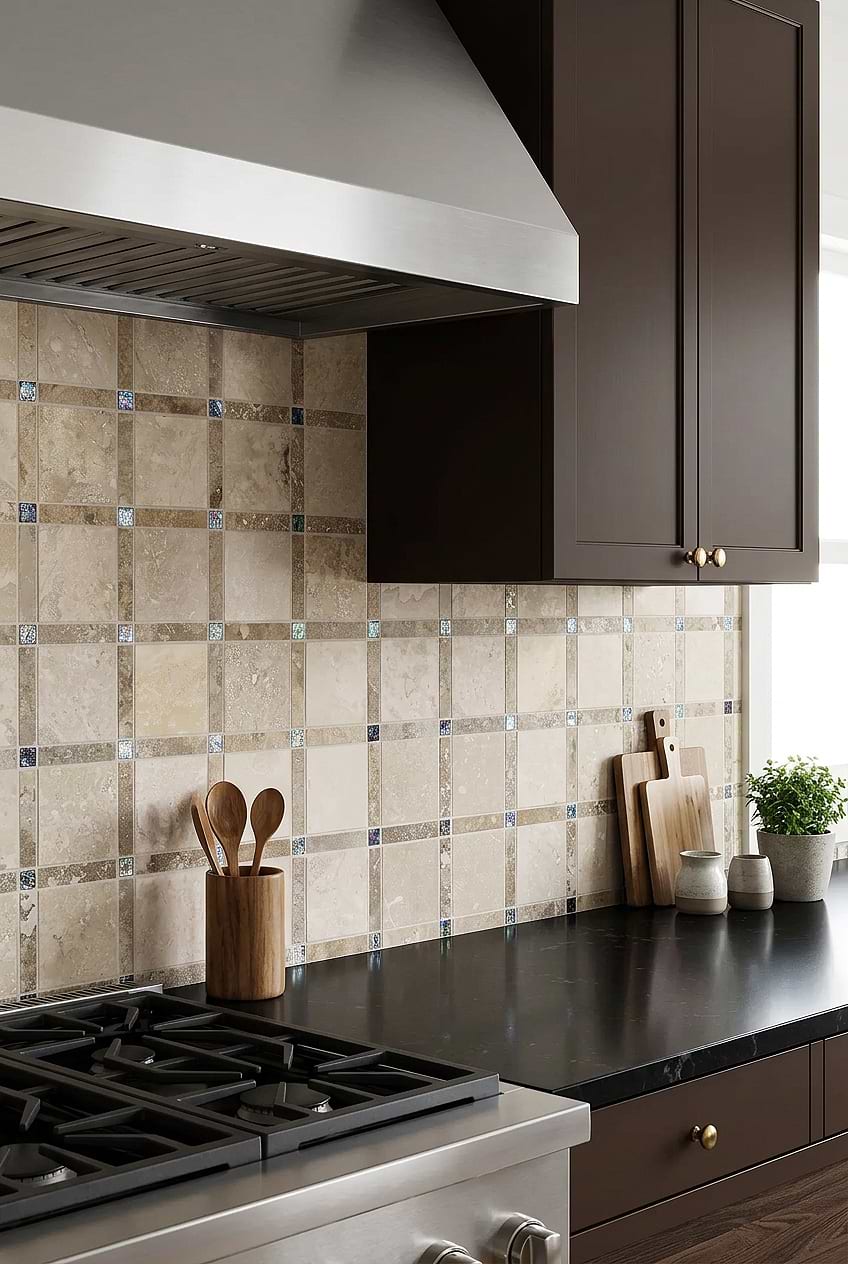 Beige Travertine Burgundy Glass Mosaic Tile BA1029
