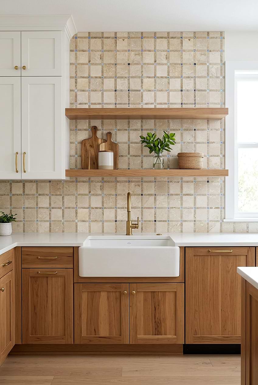 Beige Travertine Glass Kitchen Tile BA1029