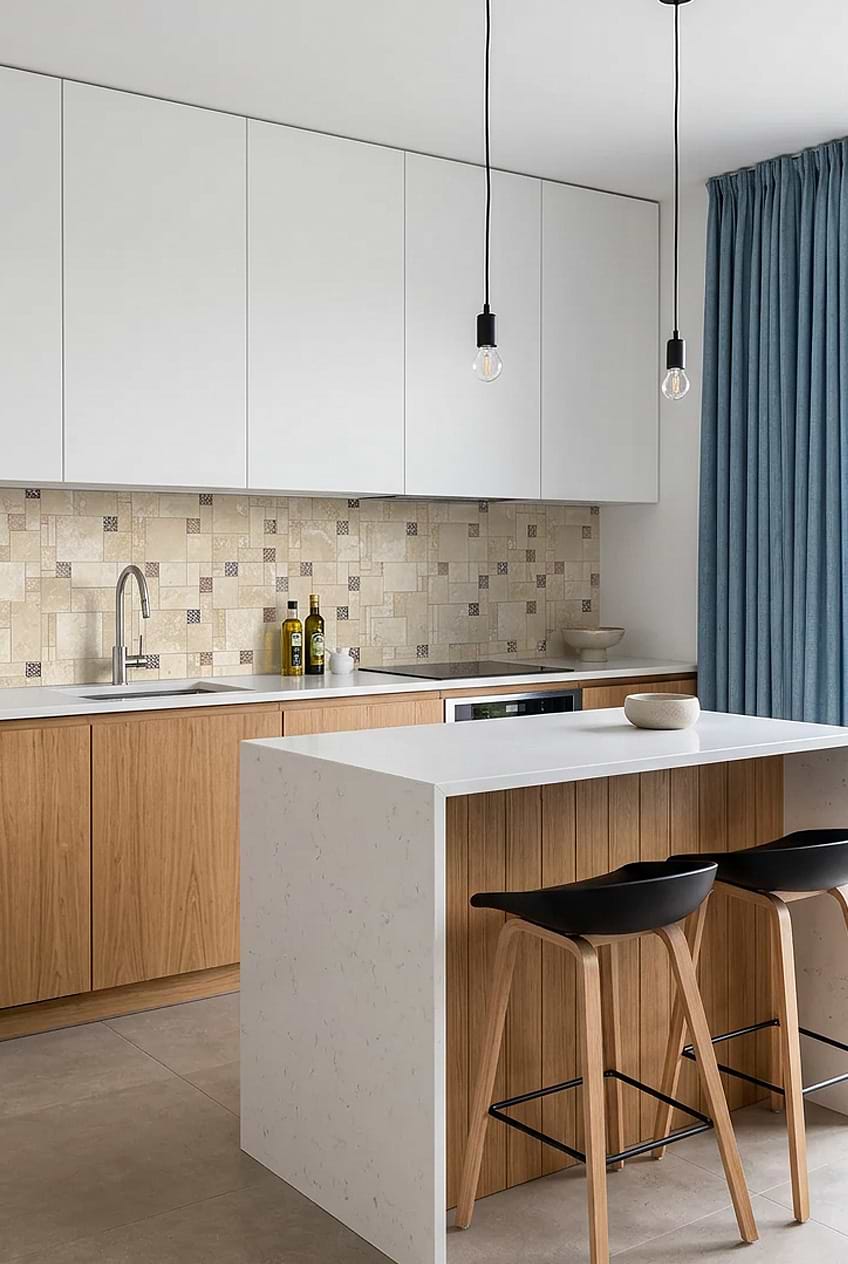 Beige Travertine Glass Mosaic Backsplash BA1043