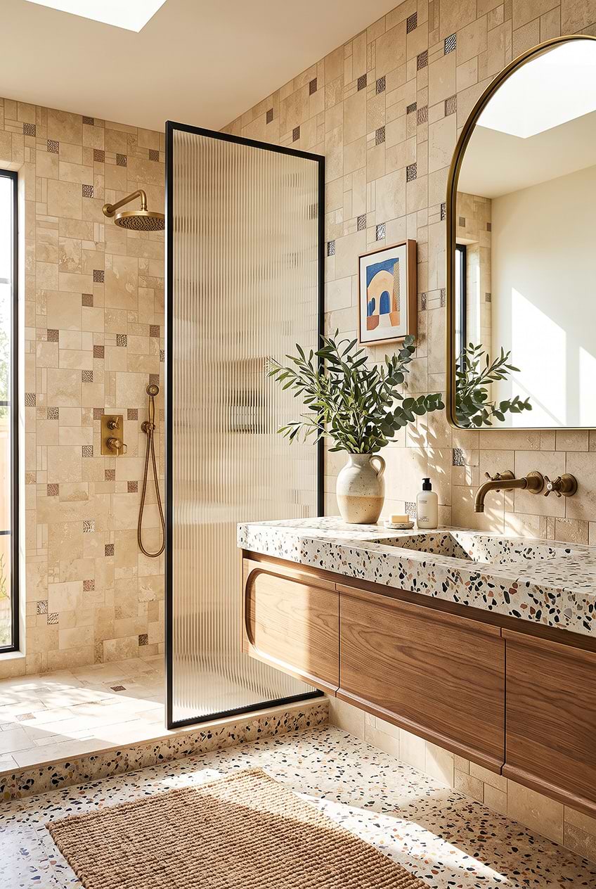 Beige Travertine Glass Mosaic Bathroom Tile BA1043
