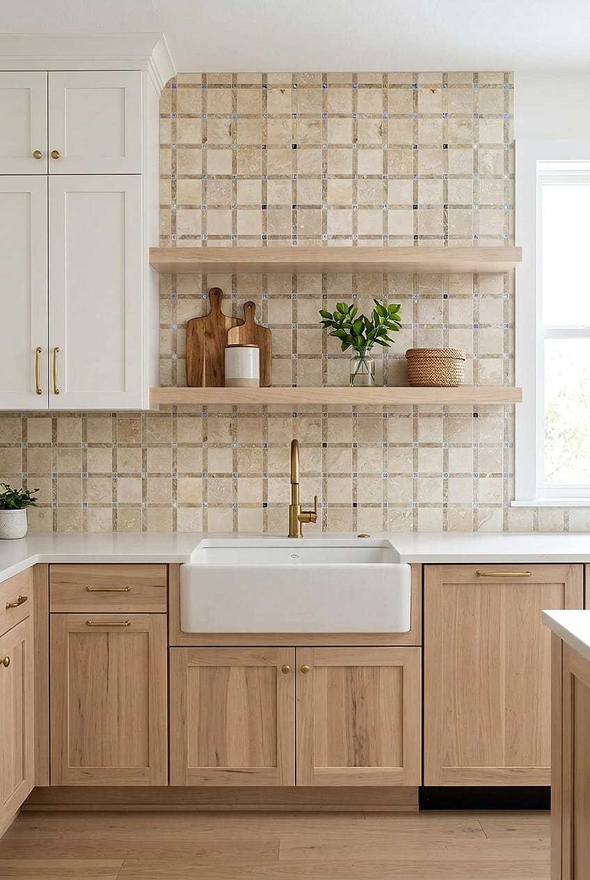 Beige Travertine Glass Mosaic Kitchen BA1029