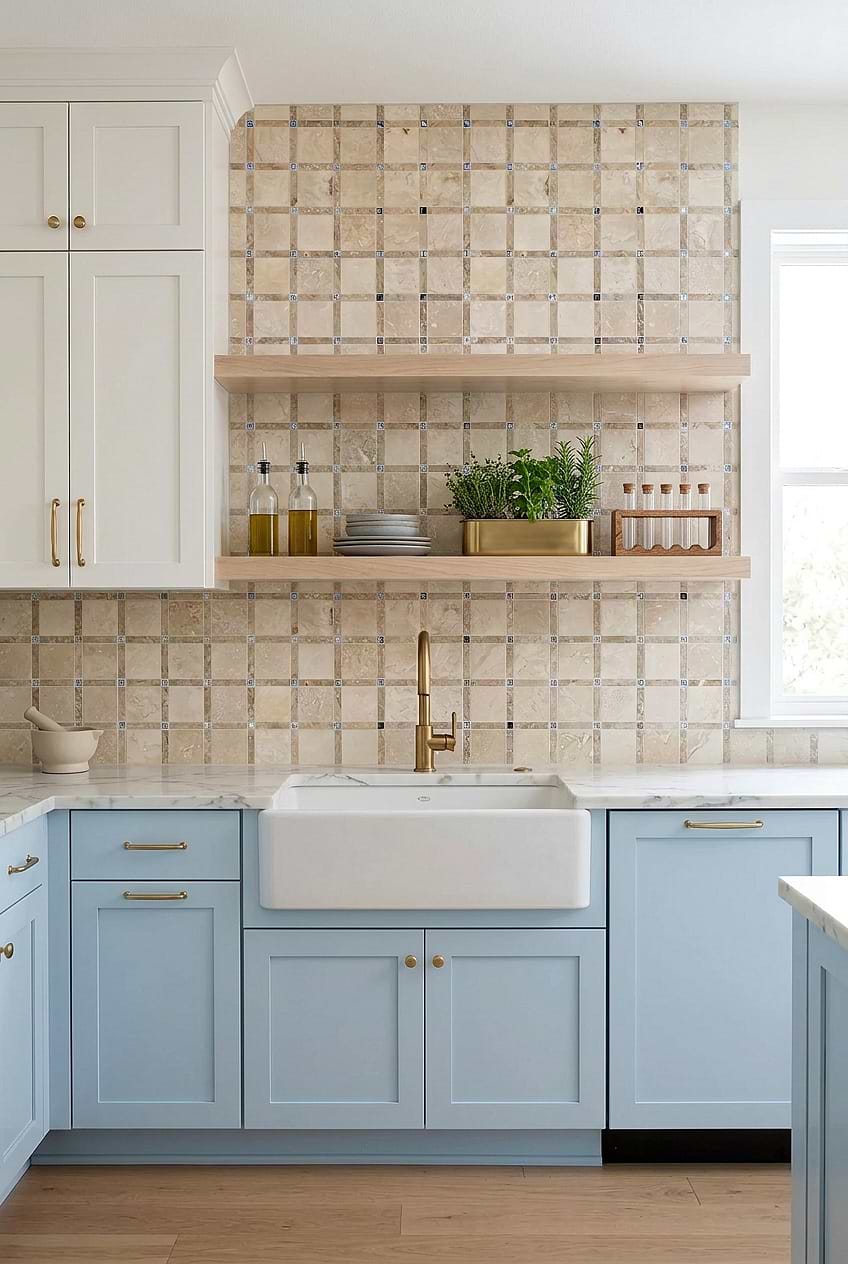 Beige Travertine Glass Square Mosaic Backsplash BA1029