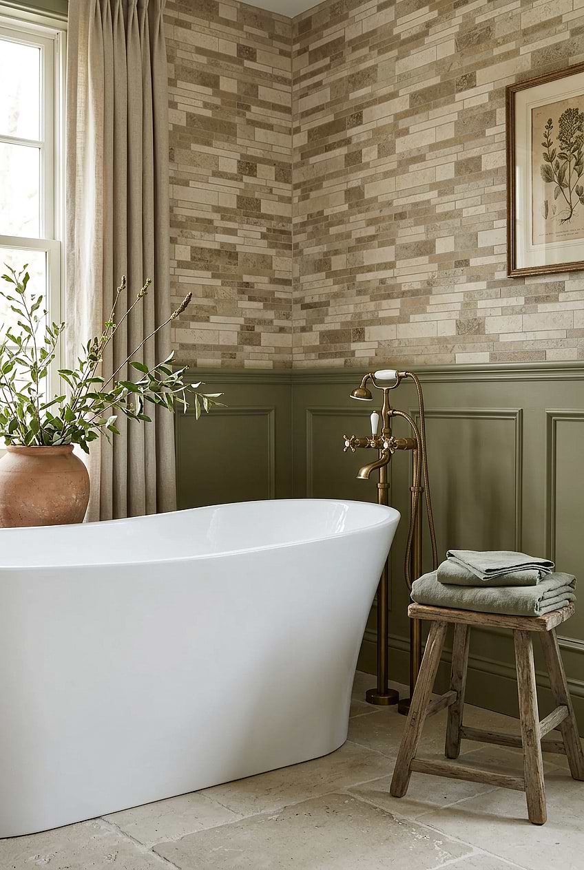 Beige Travertine Tile Bathroom Wainscoting Ideas BA1024
