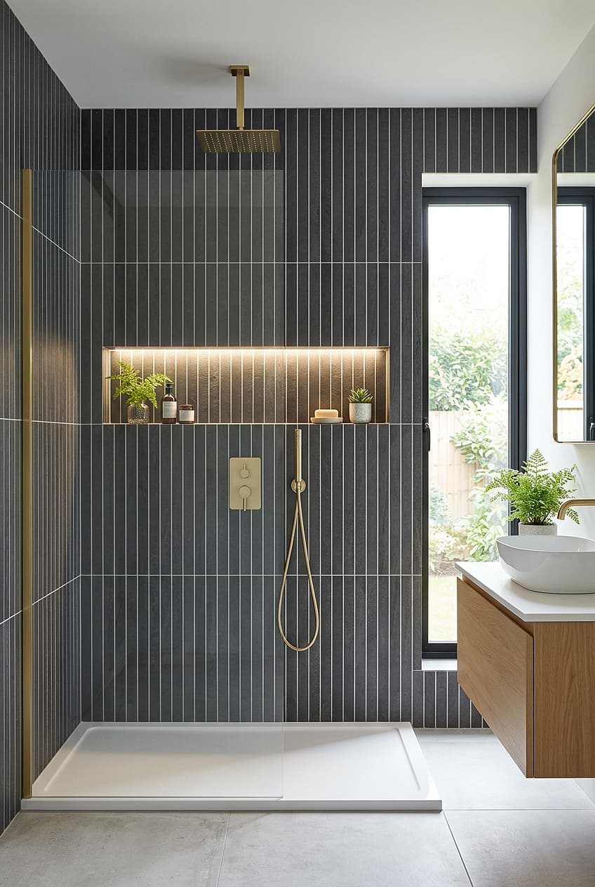 Black Bathroom with Slate Vertical Wall Tiles BA1081 Black Bathroom with Slate Vertical Wall Tiles BA1081