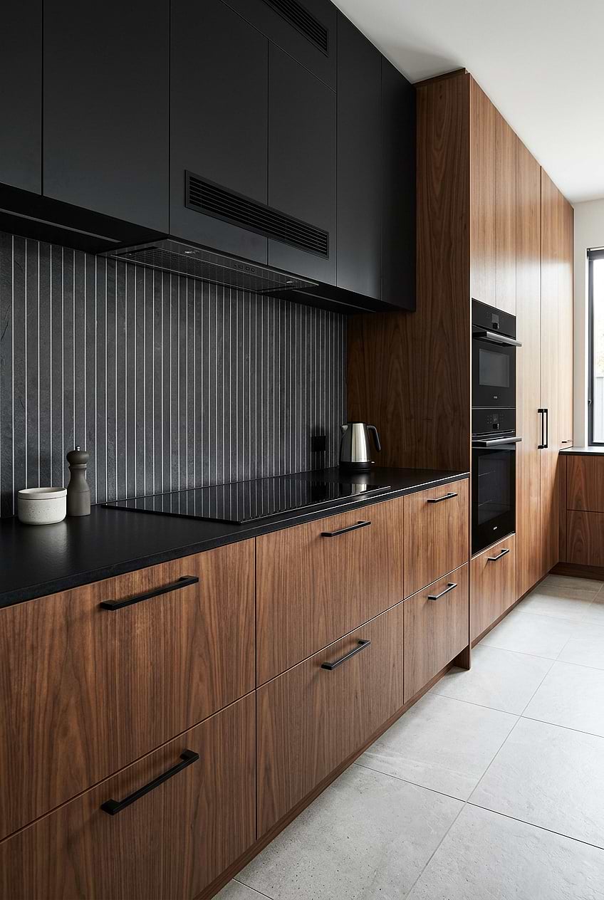 Black Slate Linear Backsplash with Wood Cabinets BA1081