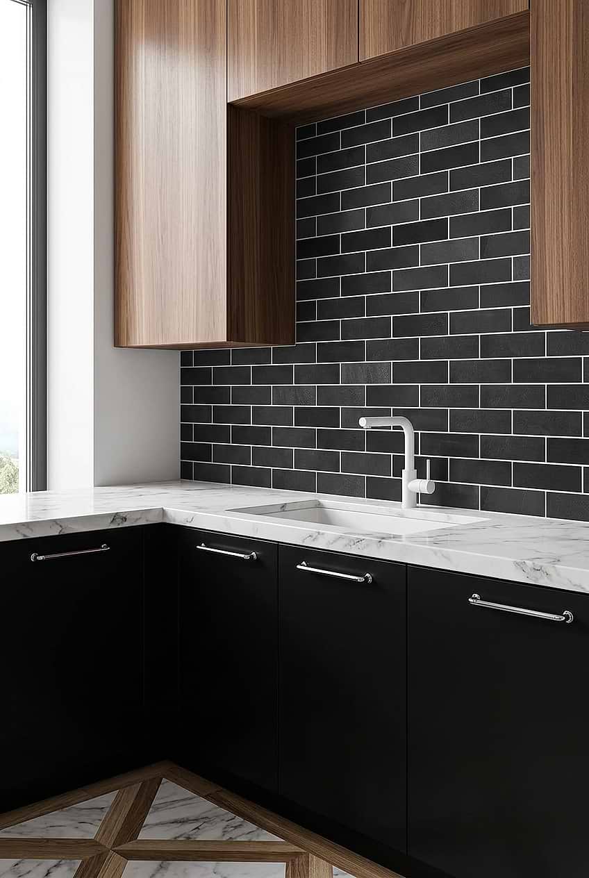 Black Slate Subway Backsplash Wood Cabinets BA1070